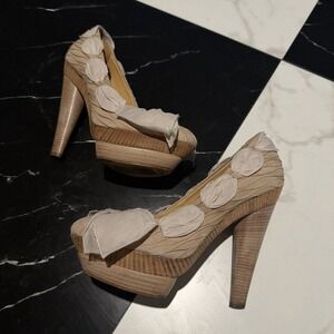 DEVI KROELL Beige Suede Silk Scarf Nude High Wooden Heels EUR 37 US 6.5 Vintage